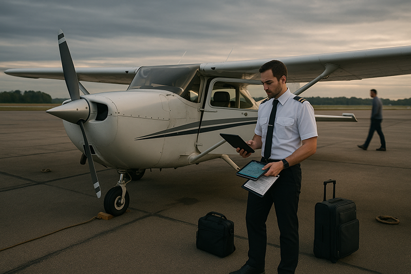 Pilot reviewing weather and route planning for a time-critical general aviation trip before departure