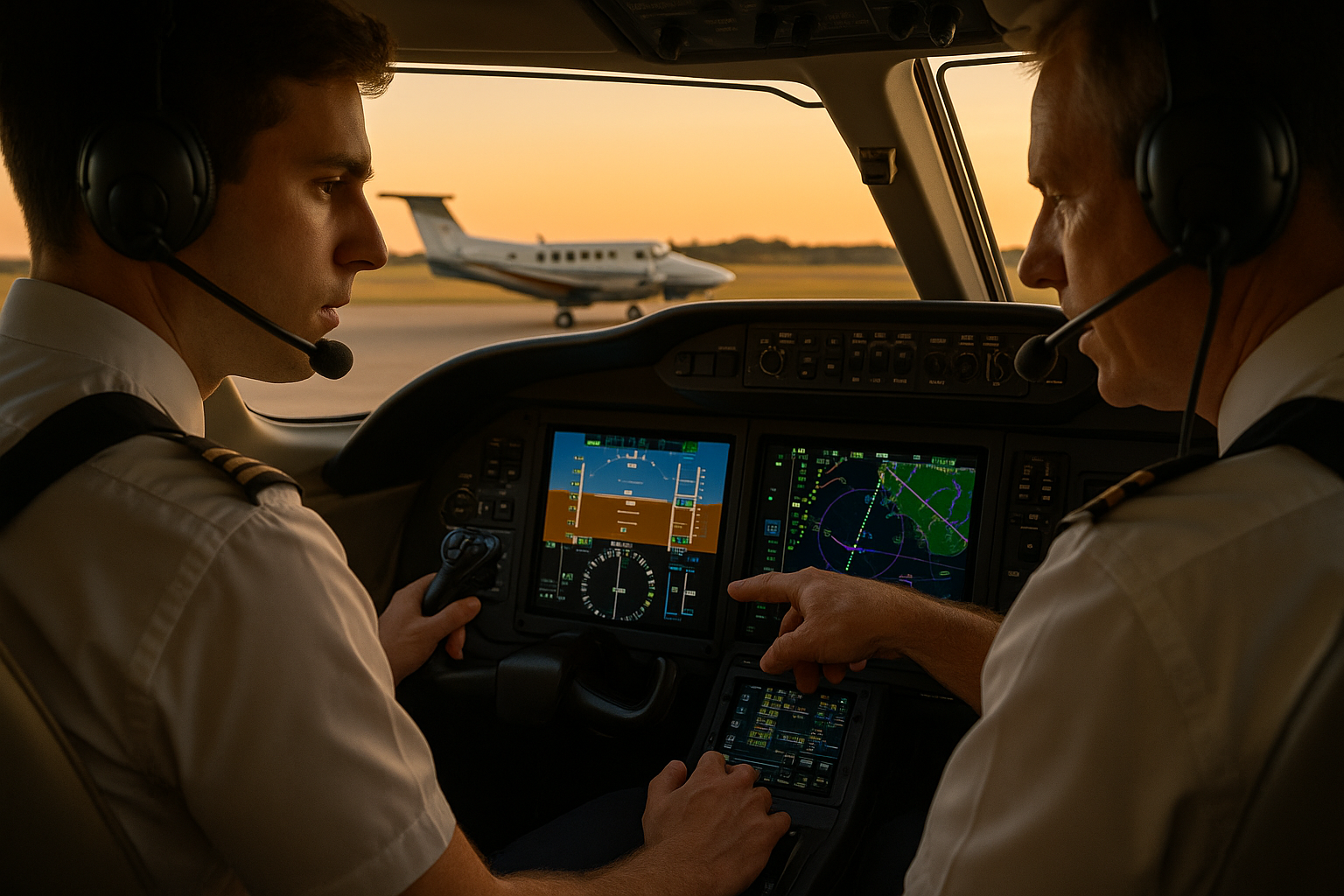 Pilot transitioning from a piston propeller cockpit to a light business jet cockpit during training, showing instrument panels, throttle quadrant, and instructor guidance.