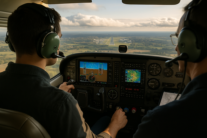 Pilot cockpit view showing avionics, clouds, and blue sky during an IFR to VFR transition