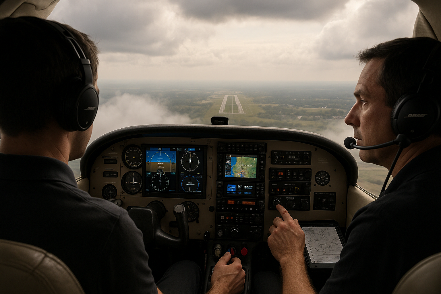Pilot reviewing IFR and VFR route options on a cockpit display during changing weather conditions