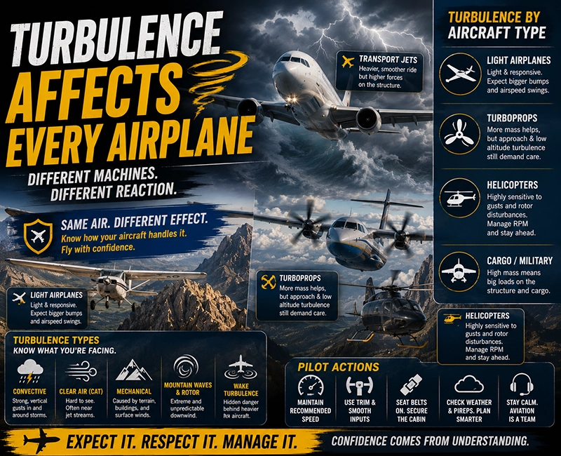 Airliner and small airplane flying through turbulent cloud layers over varied terrain emphasizing turbulence effects on different aircraft