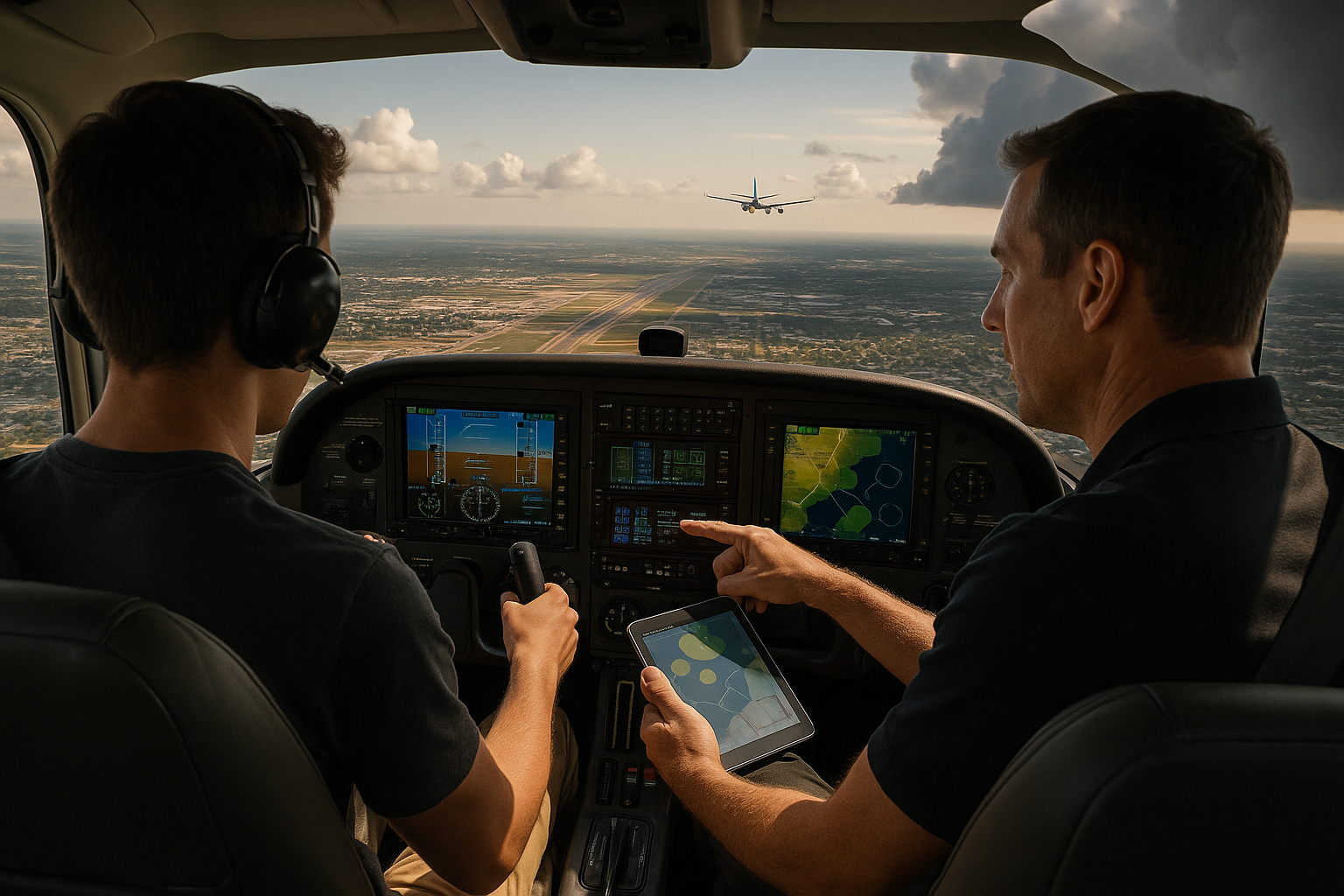 Single-engine aircraft on approach to a busy terminal area with scattered clouds and visible wake turbulence risk from a heavy jet nearby, pilot in cockpit view