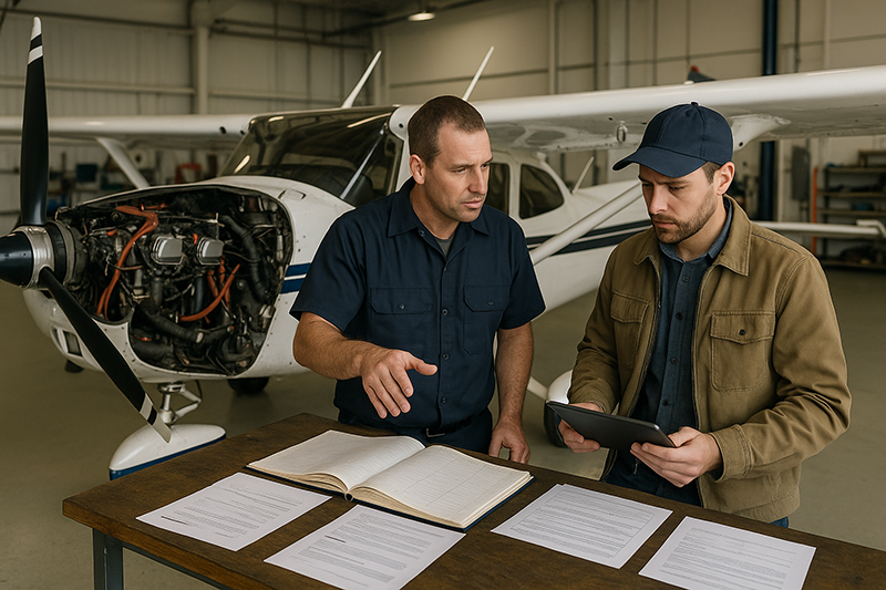 Aircraft mechanic and pilot reviewing service bulletin paperwork beside a general aviation airplane