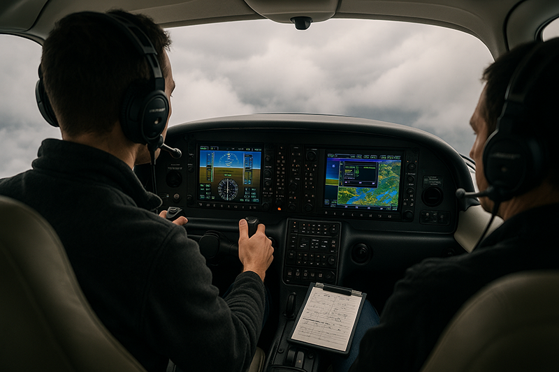 IFR cockpit display showing an amended route while a pilot reviews navigation and ATC clearance notes