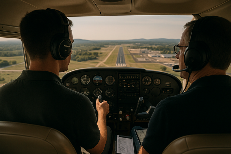 Pilot reviewing an airport diagram and approach plan before flying into an unfamiliar airport