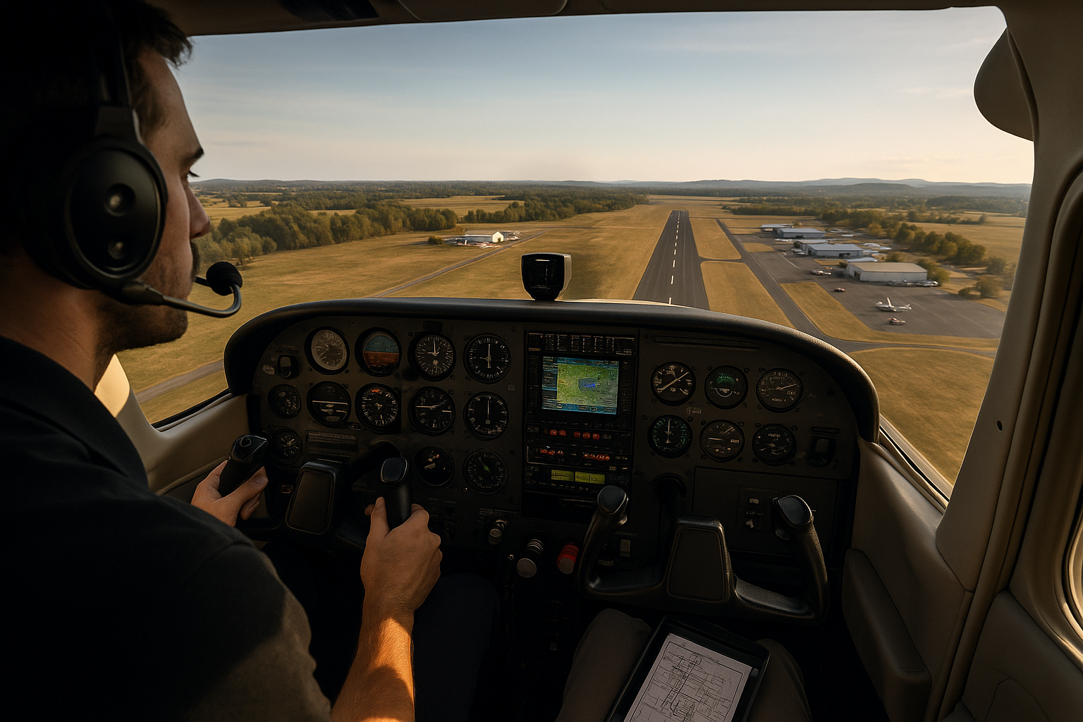Pilot reviewing an airport diagram before arrival at an unfamiliar general aviation airport