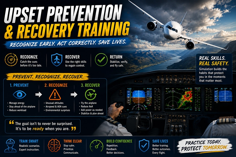 Flight instructor demonstrating upset recovery technique in a training aircraft with clear attitude cues and student monitoring instruments