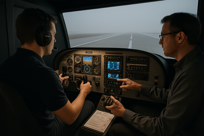 Pilot practicing instrument procedures in a flight simulator with instructor guidance and cockpit displays