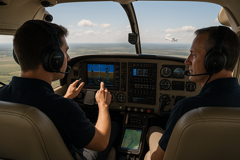 Pilot using VFR flight following while navigating a cross-country route in a light aircraft cockpit