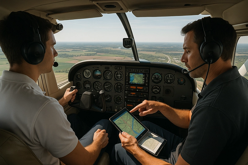 Cockpit view of a small airplane flying over a river with sectional chart and moving-map GPS visible, illustrating VFR navigation practices.