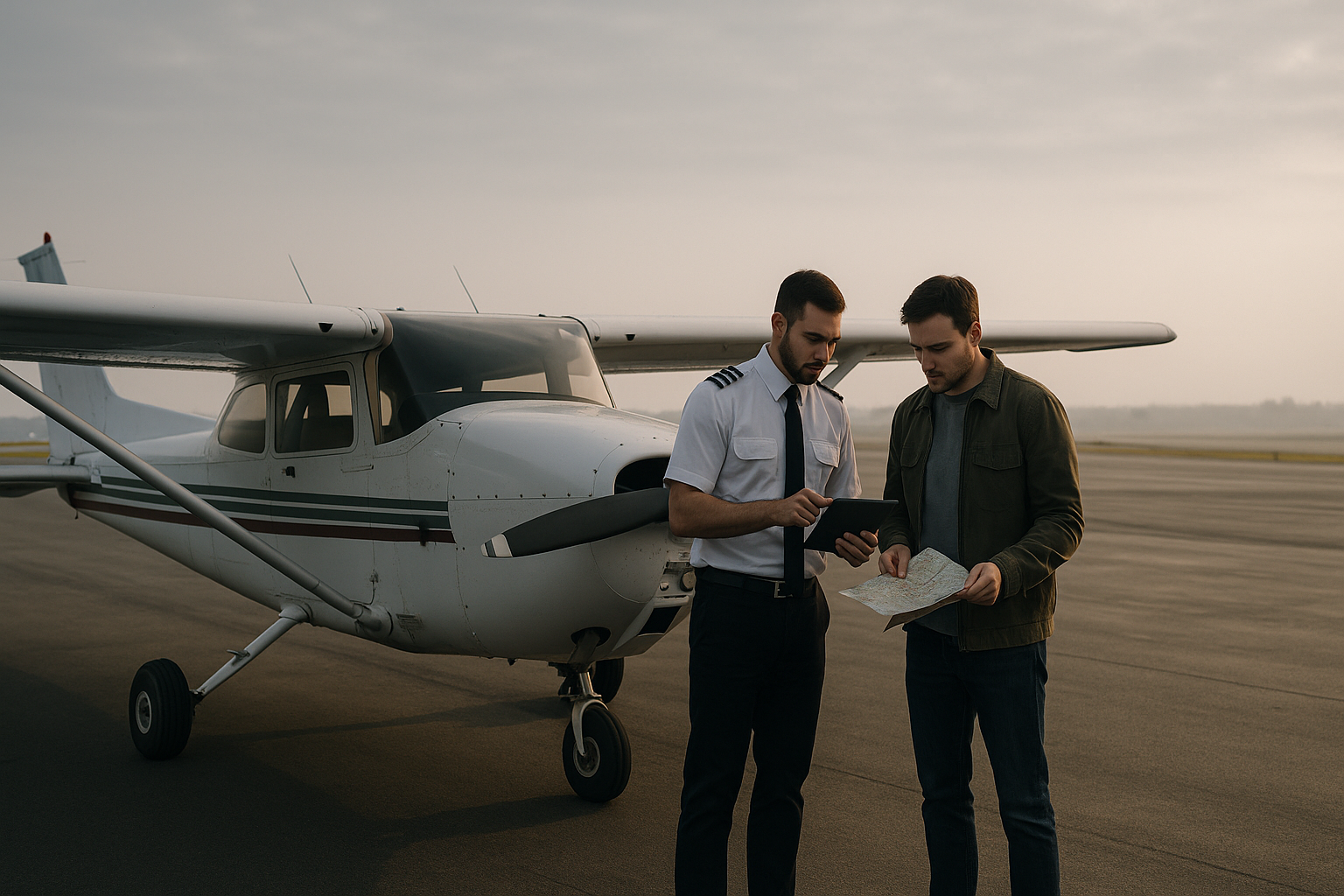 Pilot reviewing VFR weather minimums and route conditions on a tablet before a training flight