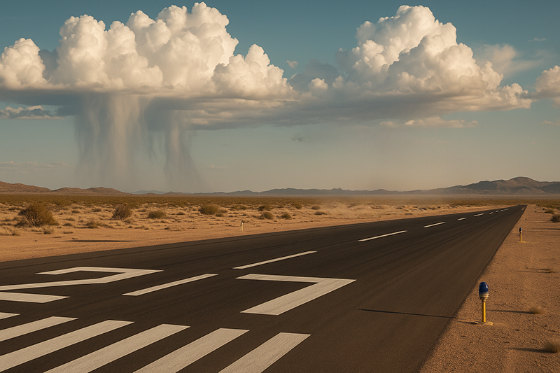 Training aircraft near high-based convective clouds with visible virga indicating possible downdraft activity