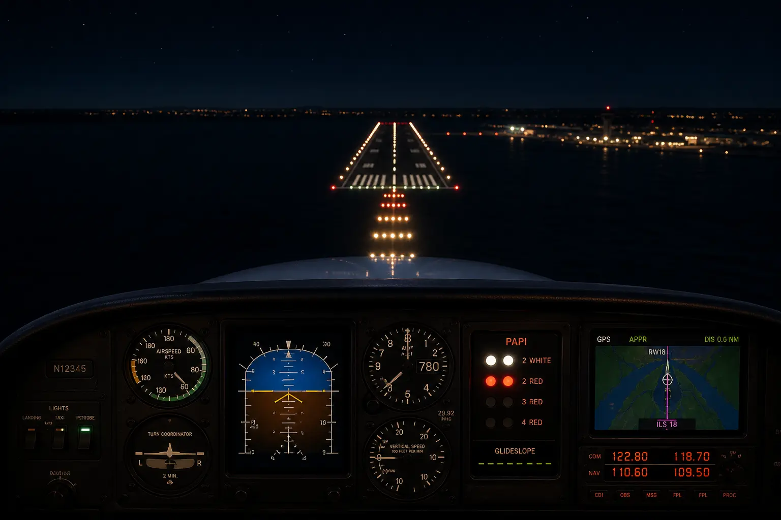 Airplane on final approach at night with runway lights showing visual illusions
