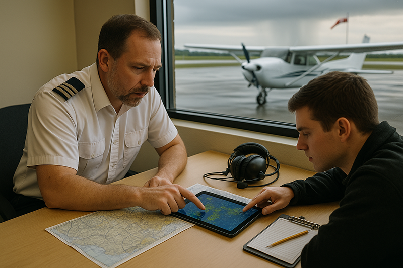 Pilot reviewing aviation weather briefing charts and route conditions before a cross-country flight