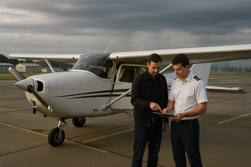 Pilot reviewing weather charts and route planning for a short cross-country flight in a training aircraft