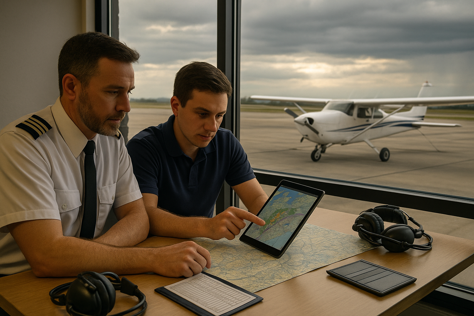 Pilot reviewing cross-country weather planning charts and a decision matrix before a training flight