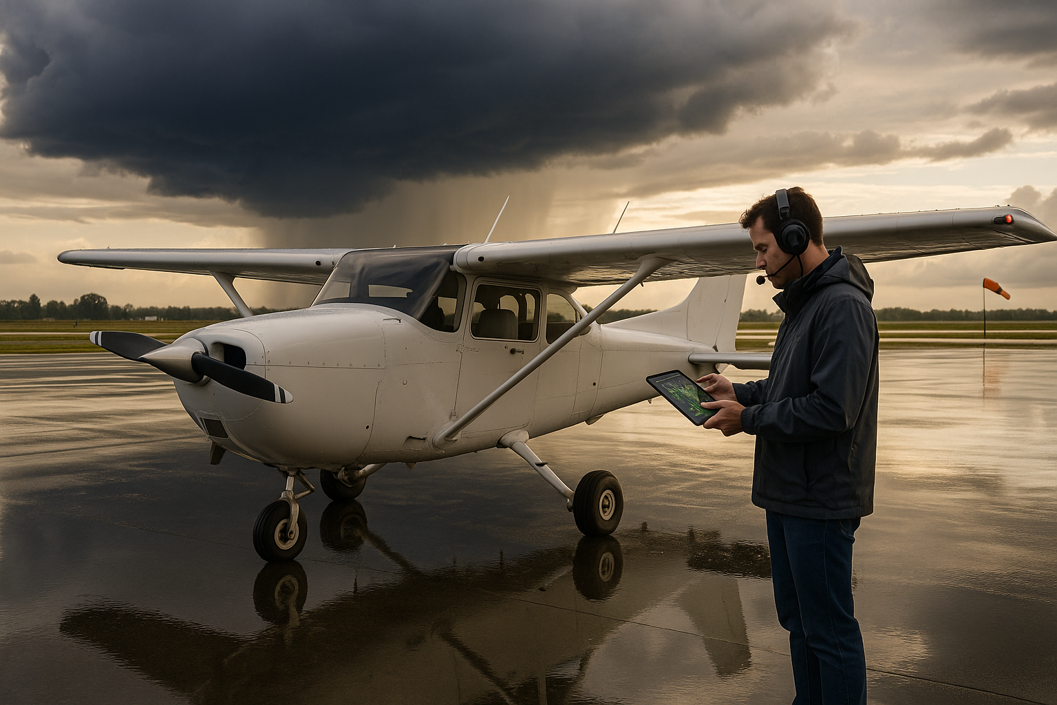 Single-engine general aviation aircraft flying through layered clouds with mountains and runway visible, illustrating common GA weather hazards and planning context.