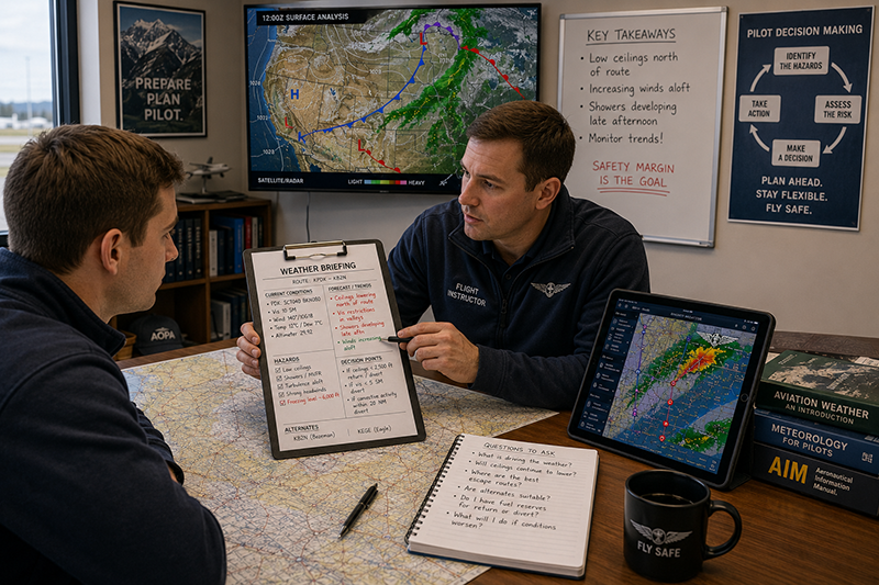 Pilot reviewing aviation weather information with his flight instructor
