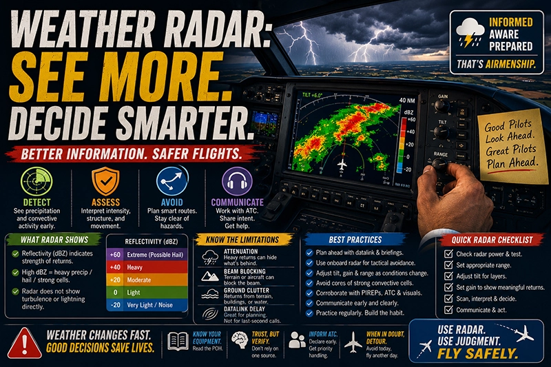Cockpit view of an avionics display showing weather radar reflectivity and storm cells ahead of the aircraft during flight