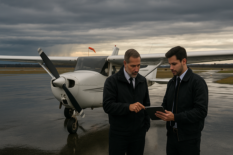 Pilot reviewing seasonal aviation weather with clouds, rain, and changing runway conditions ahead