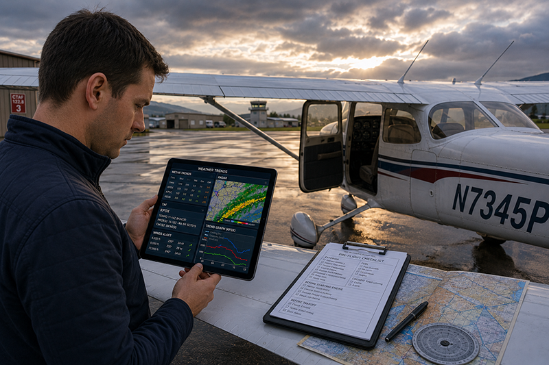 Pilot reviewing aviation weather trends on a tablet beside a training aircraft before departure