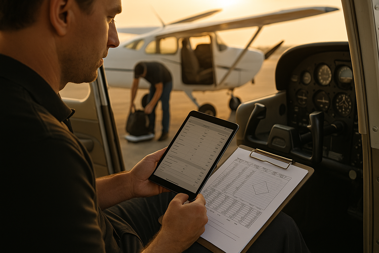 Pilot using a tablet and electronic weight and balance app at a light aircraft tiedown, planning load and fuel before cross-country flight.