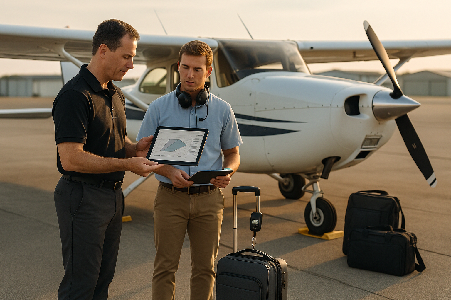 Small aircraft on ramp with pilot using tablet app to calculate weight and balance while baggage is on portable scales nearby.