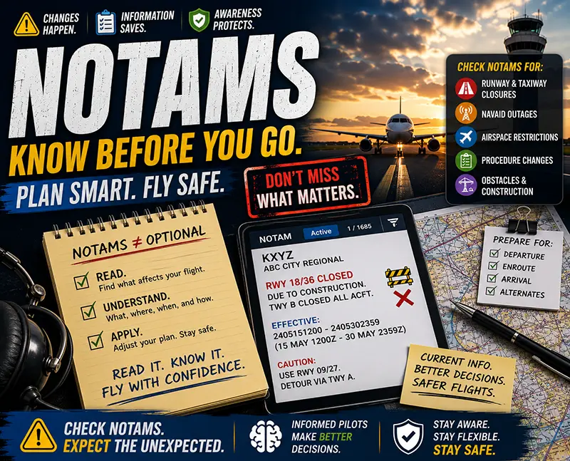 Pilot studying NOTAM briefing on tablet beside cockpit window before flight, runway and airport visible outside, focused on operational planning and safety