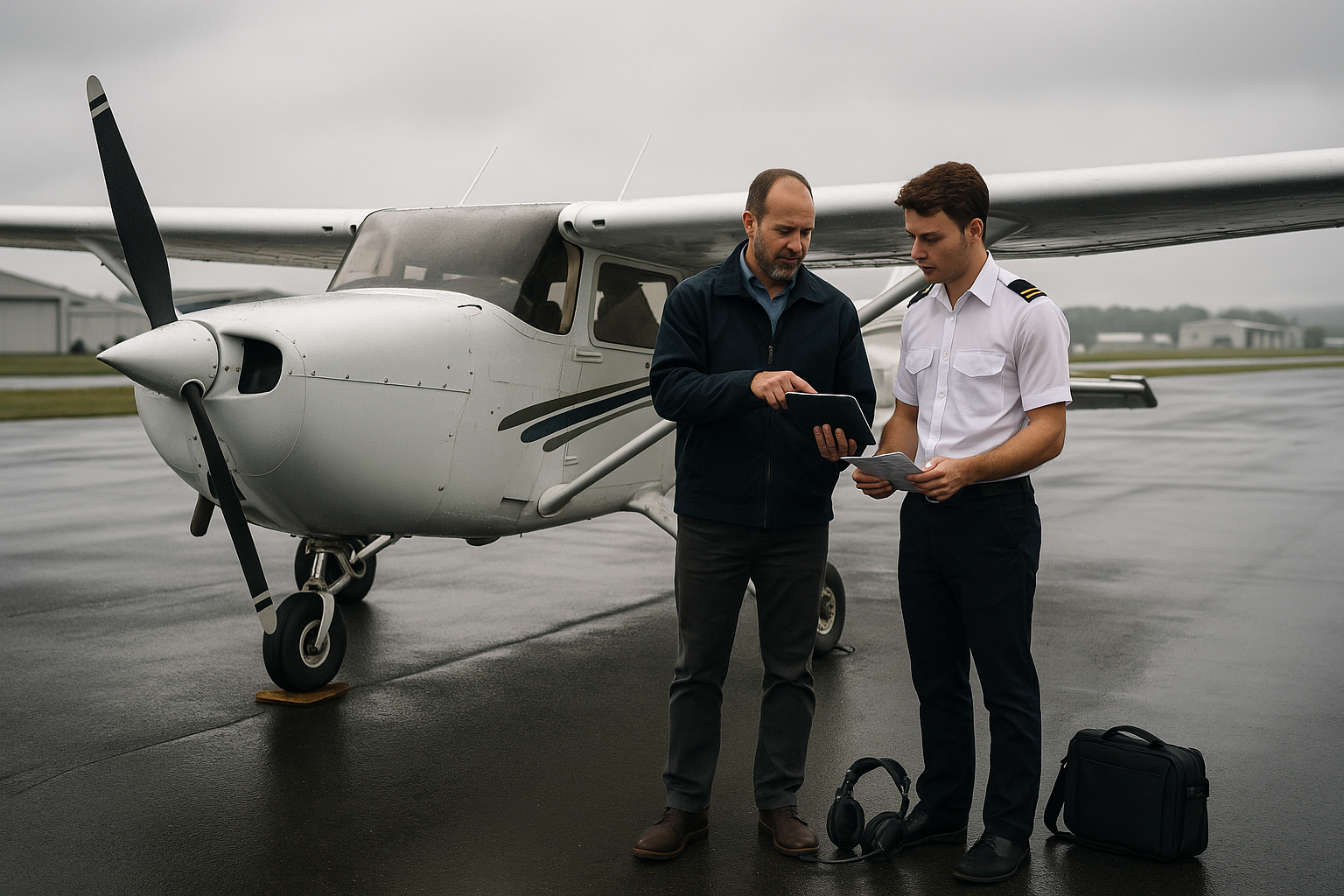 Pilot reviewing weather and go/no-go notes before deciding whether to cancel a general aviation flight
