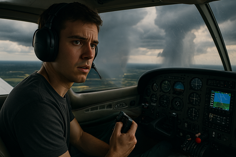 Pilot in a light aircraft cockpit using the radio to request ATC assistance during flight