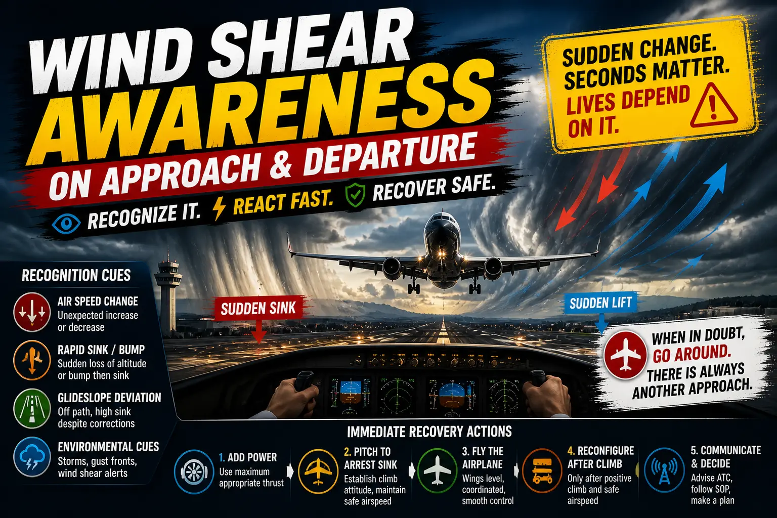 Aircraft on approach with gusty wind and wind shear conditions at a runway