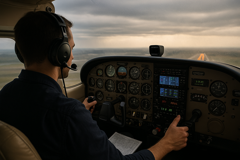 Pilot managing radios and avionics while communicating with ATC during a busy instrument arrival