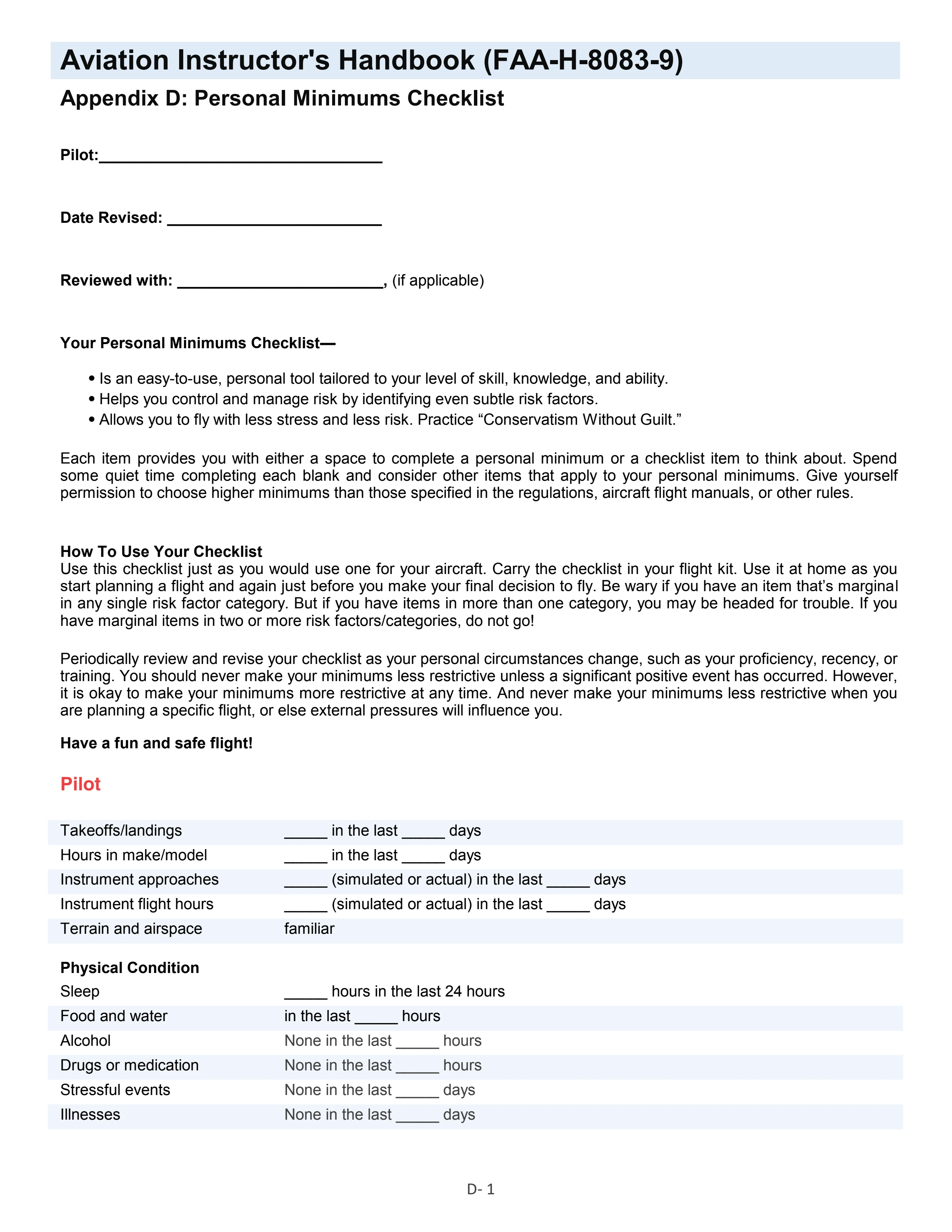 Appendix D personal minimums checklist, page 1 of 3.