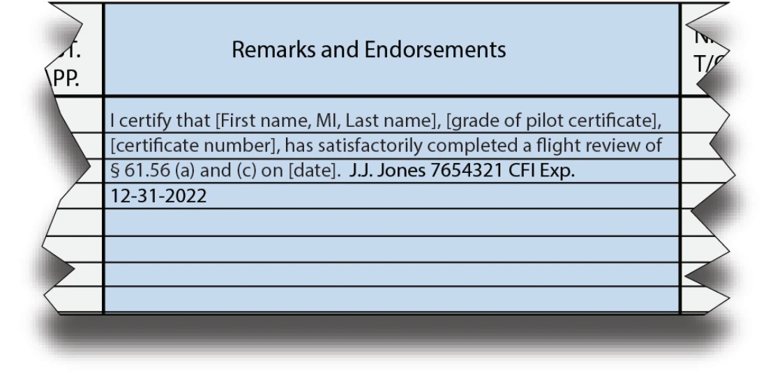 Figure C-2. This sample logbook endorsement is for completion of a flight review.