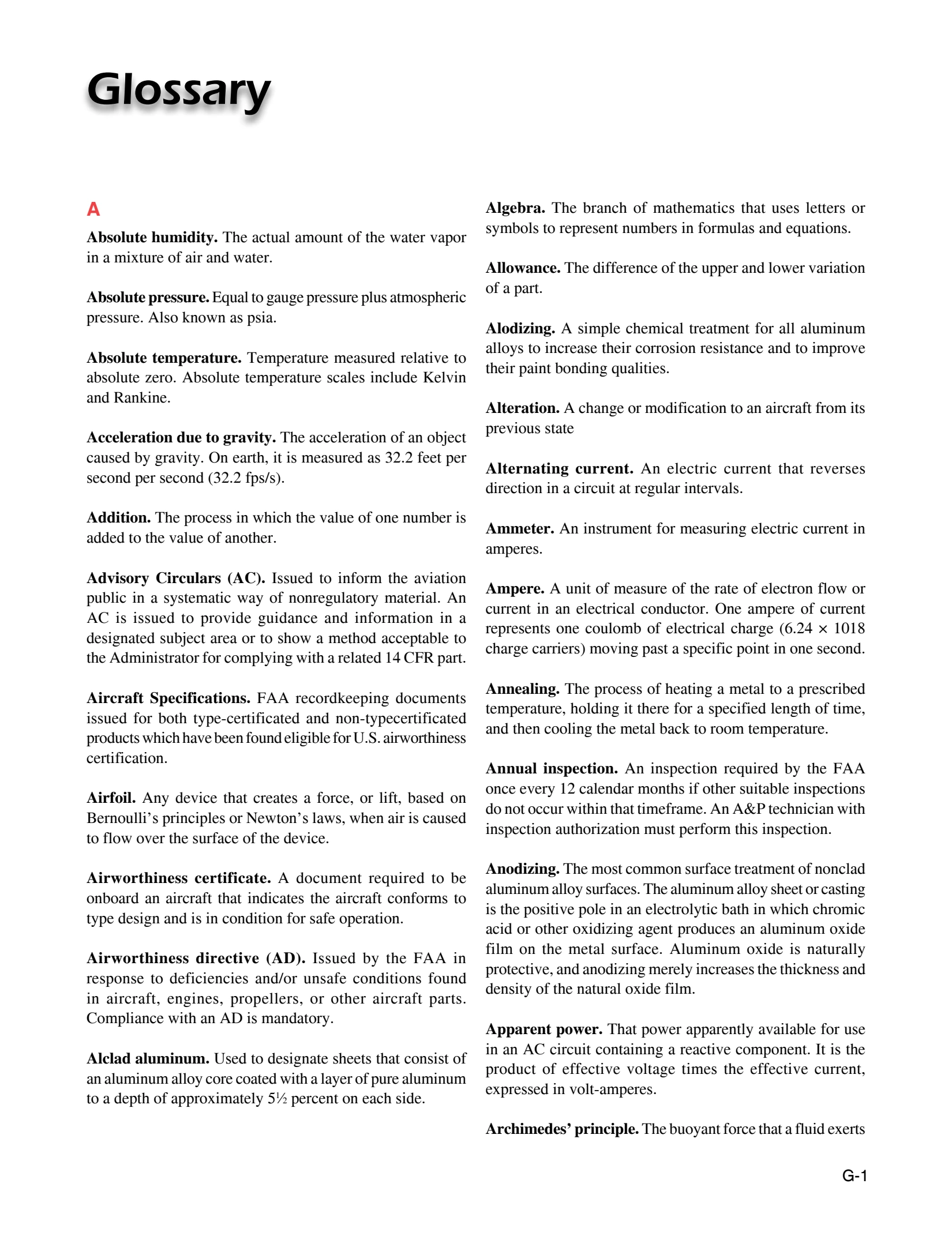 Glossary opener from the Aviation Maintenance Technician Handbook–General.