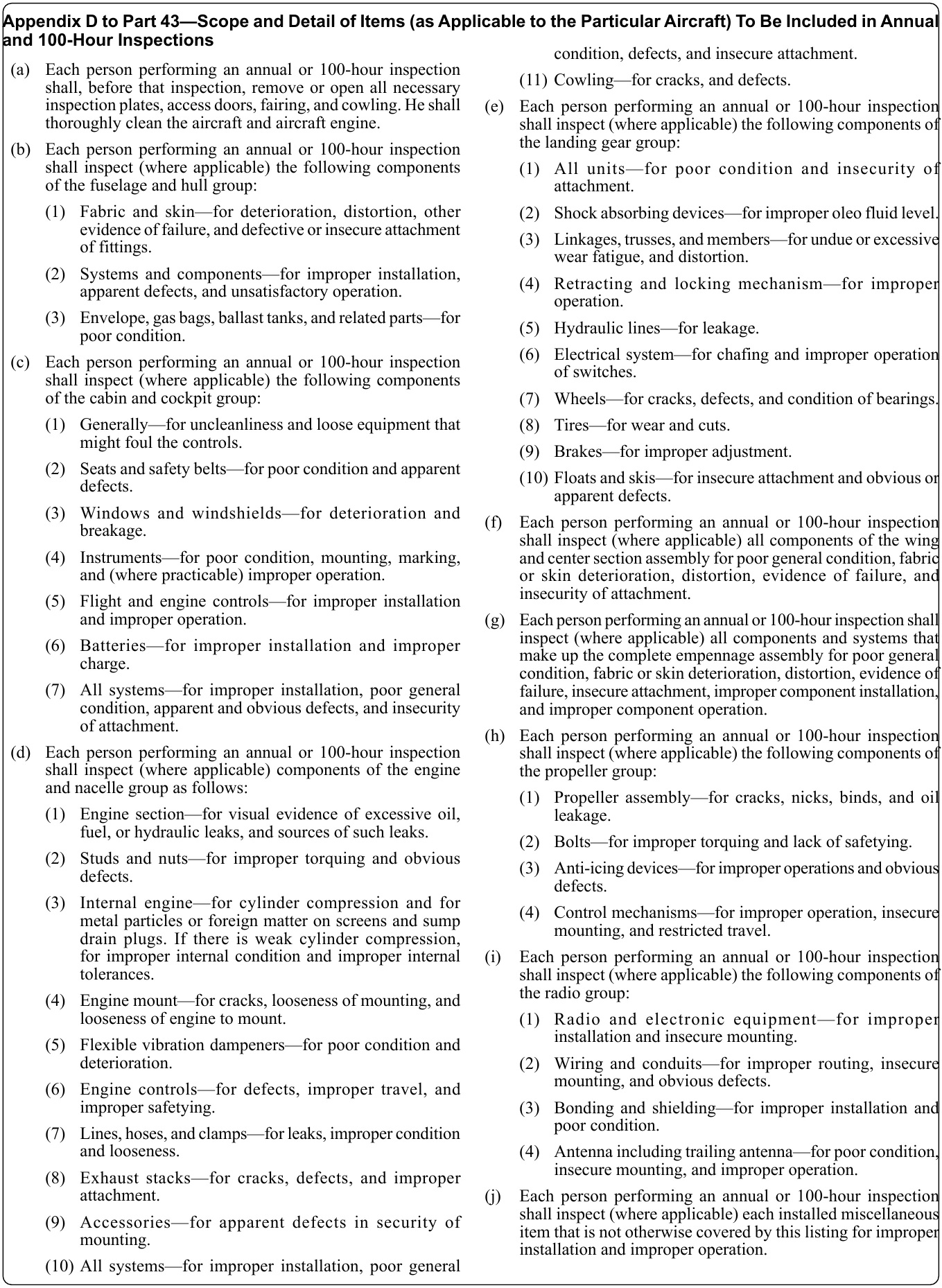 Figure 10-2. Title 14 CFR Appendix D to Part 43—Scope and detail of items (as applicable to the particular aircraft) to be included in annual and 100-hour inspections.