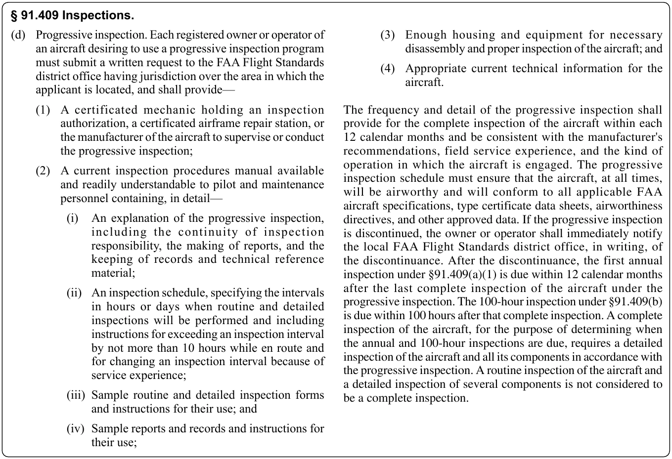 Figure 10-3. Title 14 CFR Section 91.409(d), Progressive Inspection.