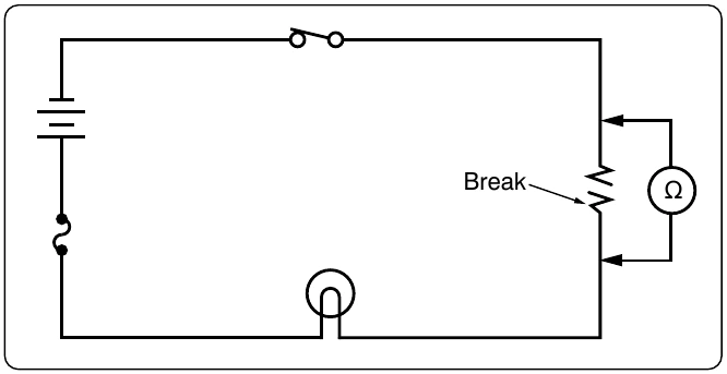 Figure 12-178. Using an ohmmeter to locate an open in a circuit component.