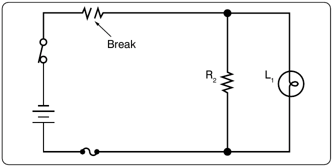 Figure 12-187. An open in the series portion of a series-parallel circuit.