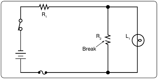Figure 12-188. An open in the parallel portion of a series-parallel circuit.