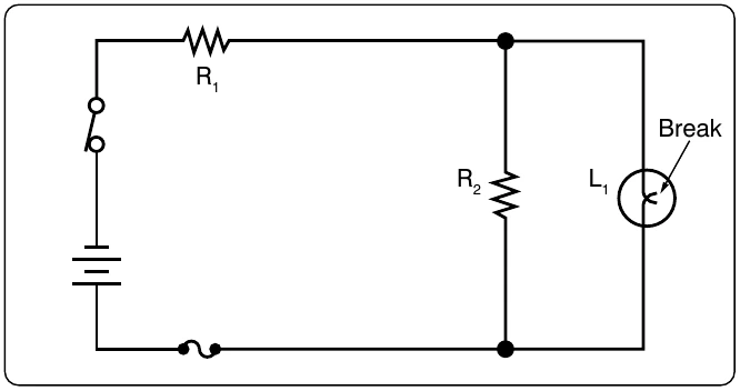 Figure 12-189. An open lamp in a series-parallel circuit.