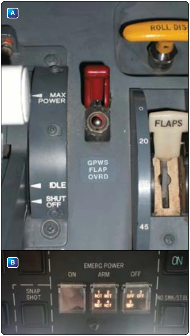 Figure 12-79. (A) Red guarded switch. (B) Pushbutton switch with a guard.