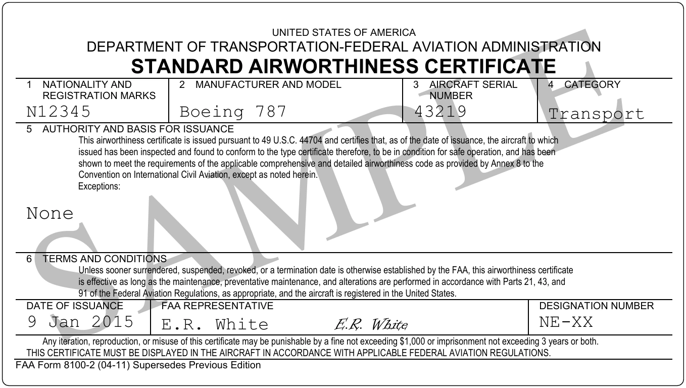 Figure 2-20. FAA Form 8100-2, Standard Airworthiness Certificate.