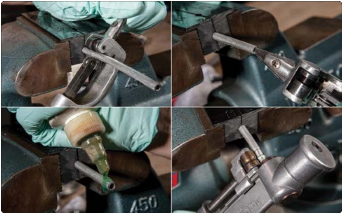 Figure 9-15. To use the hand beading tool, cut with tube cutter (1), deburr (2), oil (3), and revolve tool around tube while tightening handle (4).