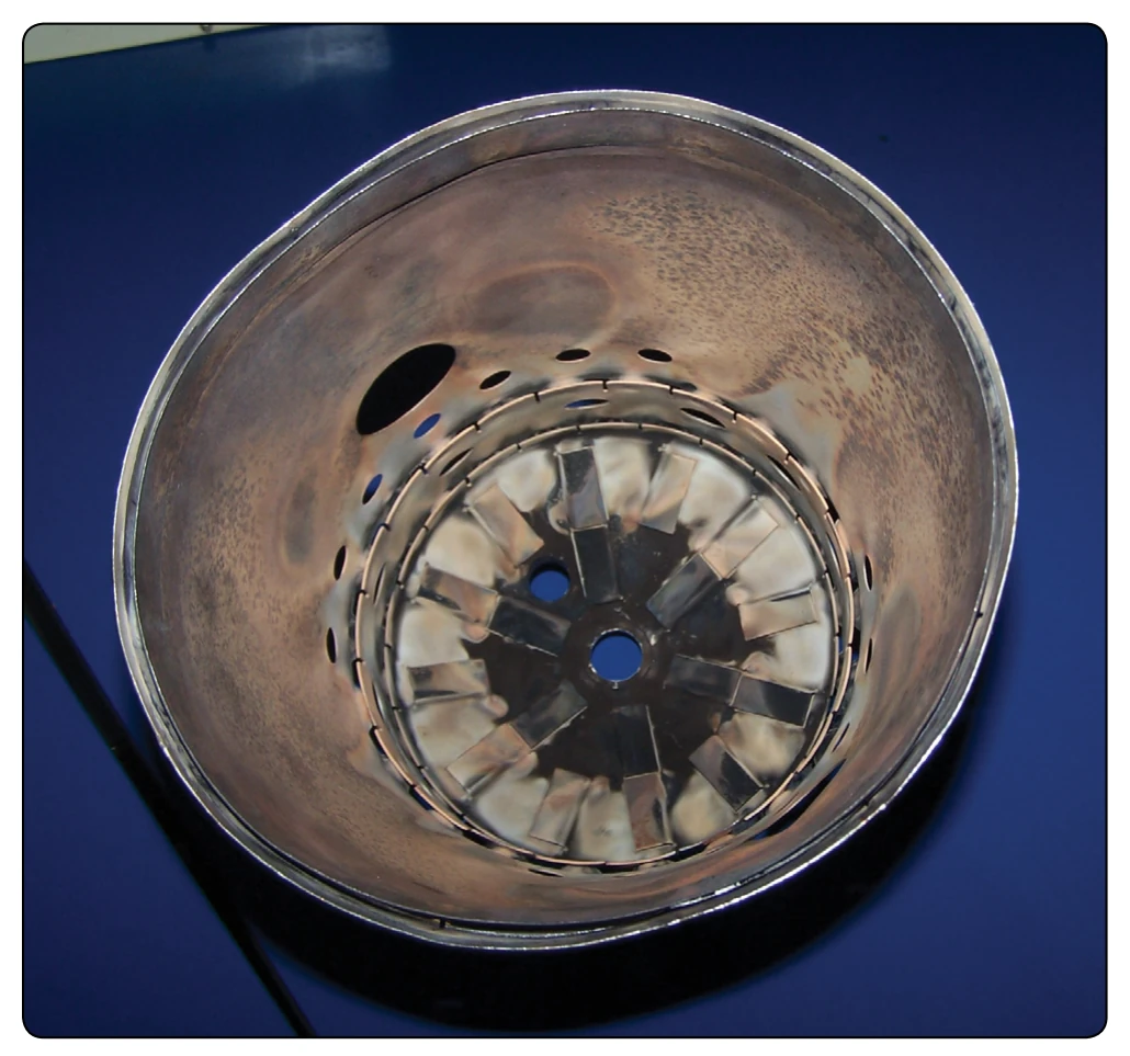 Inside view of a combustion chamber liner.