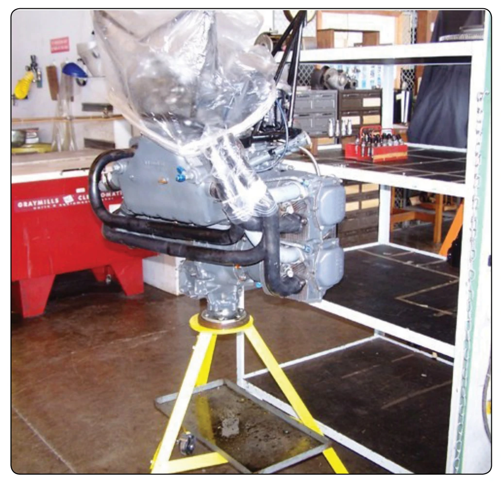 Engine mounted on an overhaul stand.