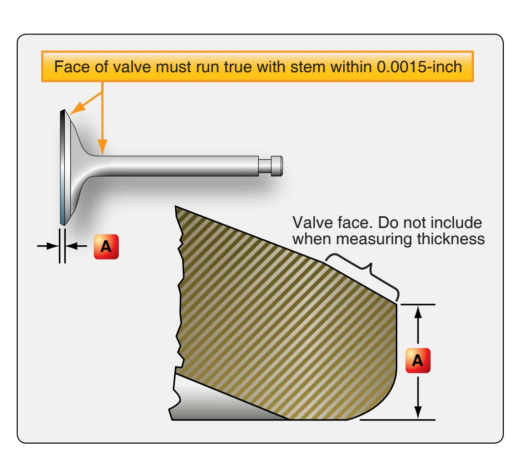 Valve showing locations for checking runout and section for measuring edge thickness.