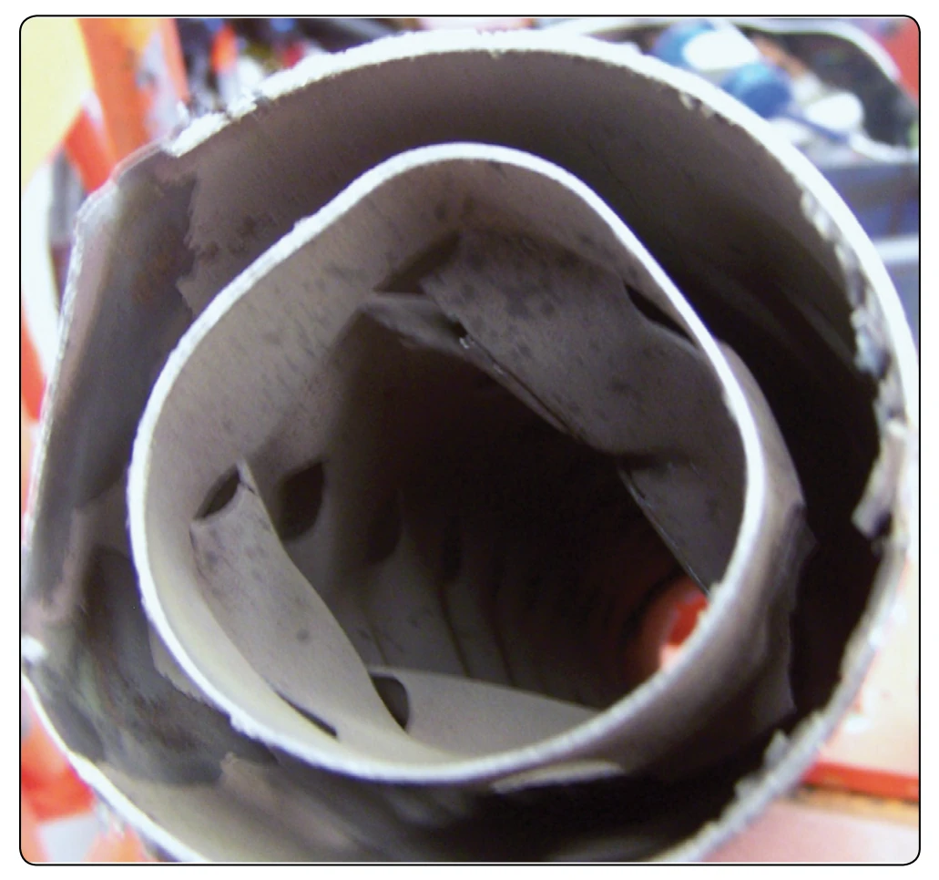 An example of internal muffler failure. Muffler failure can be caused by erosion and carbonization, which in turn can lead to breakage blocking exhaust flow.