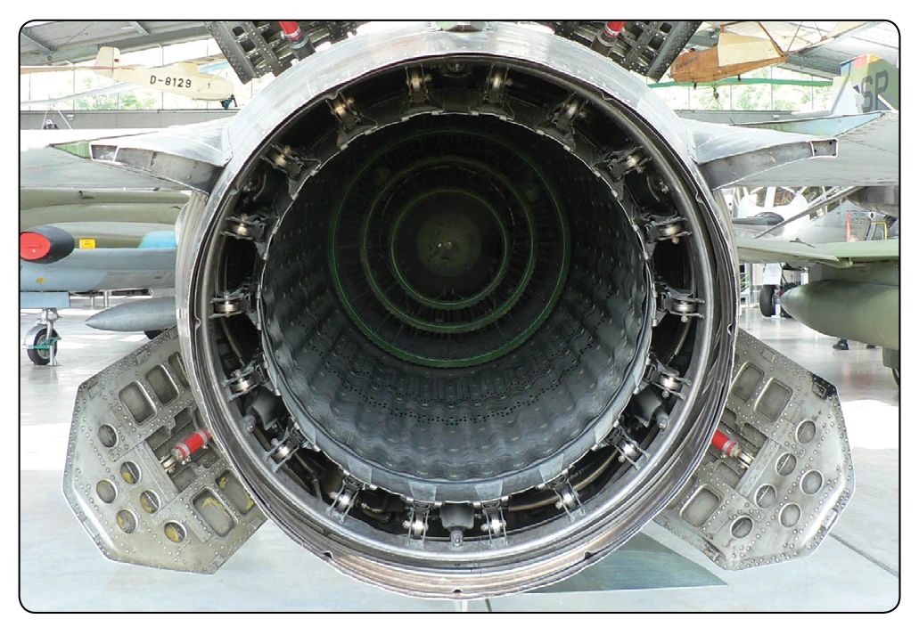 An example of a variable area exhaust nozzle used to increase or decrease exhaust flow during afterburn.