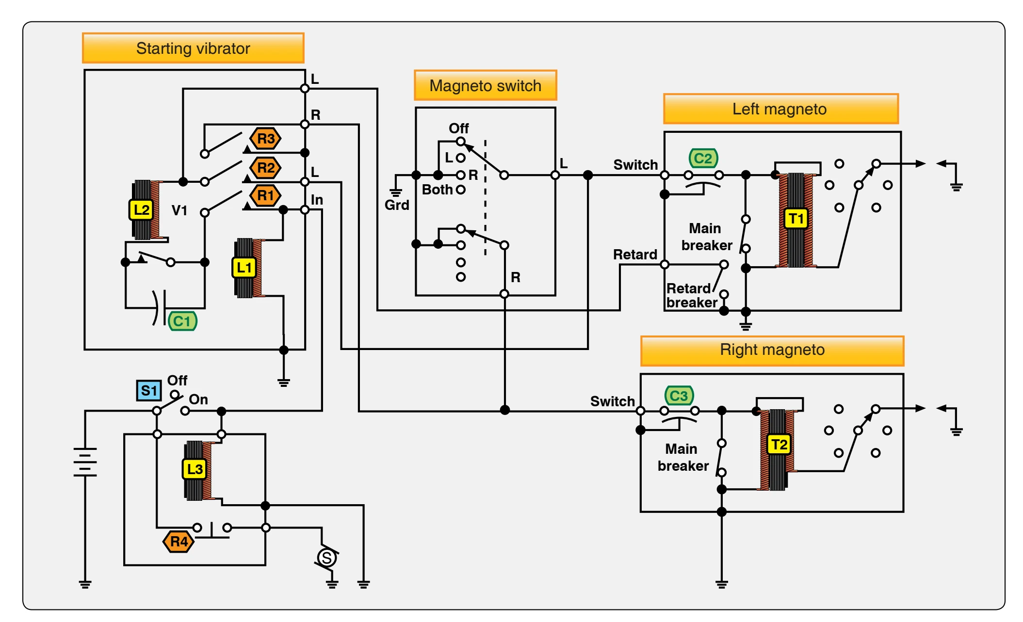High-tension retard breaker magneto and starting vibrator circuit.